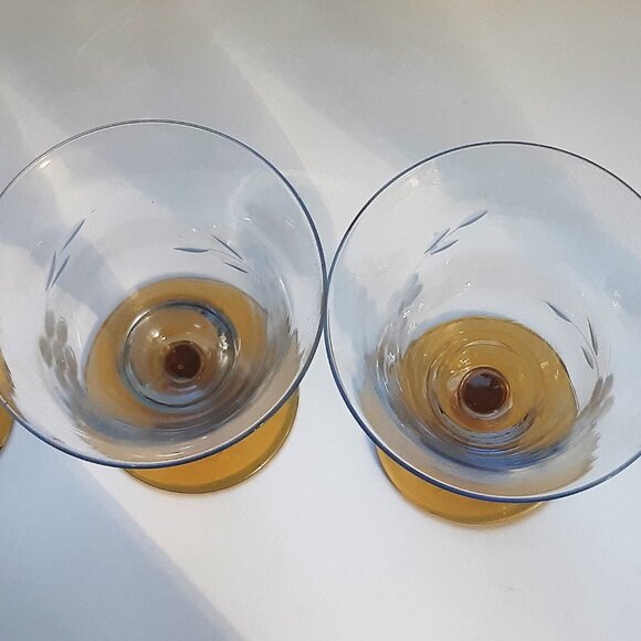 VTG Antique Thin Elegant Glass Azure Blue Goblet Amber Stem Set of 4 Etched Rare - Picture 9 of 14